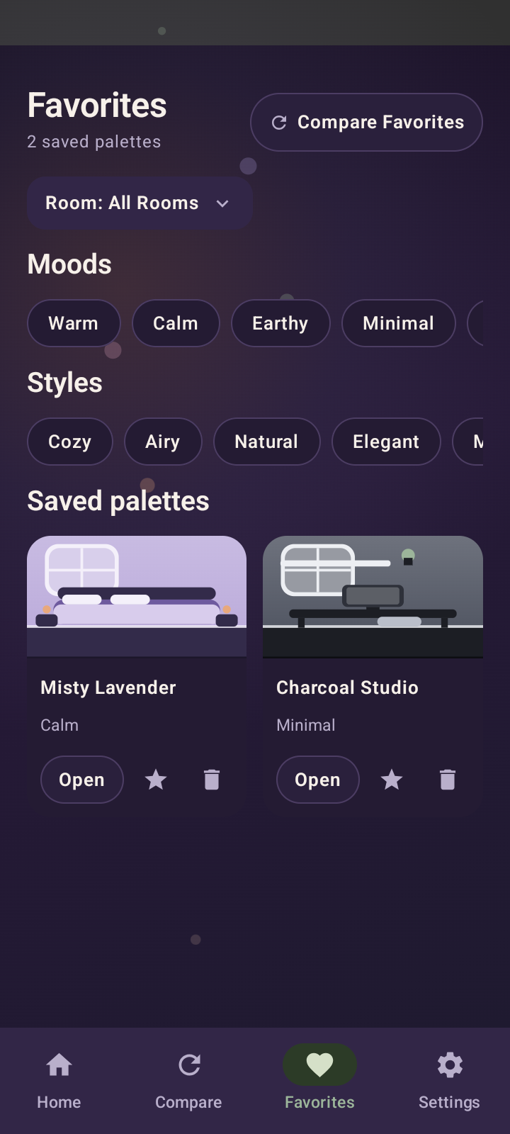 Pure Palette favourites screen